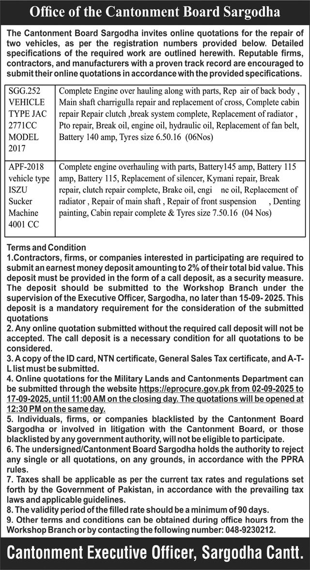 Cantonment Board Sargodha Tender Notice
